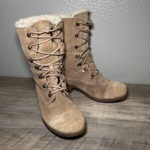 UGG Gradin Taupe Suede Lace Up Boots Women Size 9 Sherpa Lined Flip Over / Down